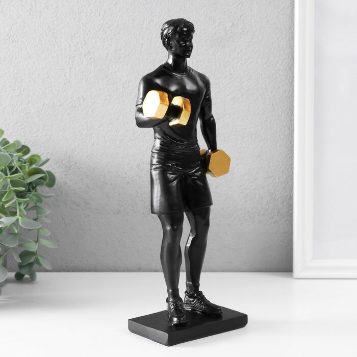 Сувенир полистоун "Спортсмен с гантелями" чёрный с золотом 11х7х26 см 9837992