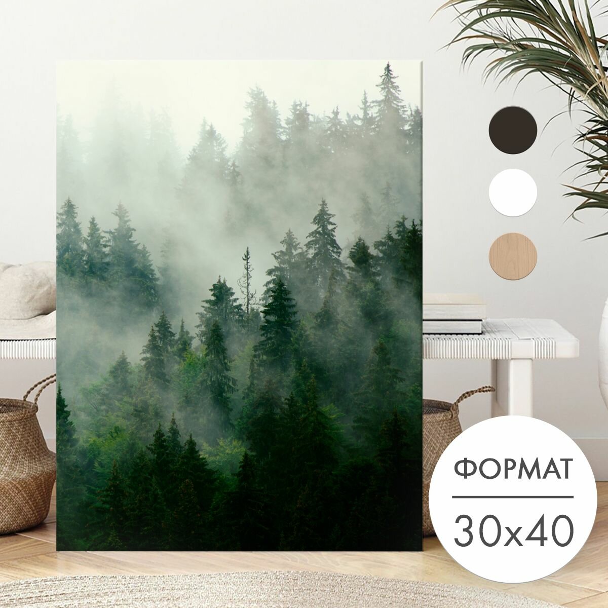 Постер 30х40 без рамки "Темный лес в дымке" для интерьера