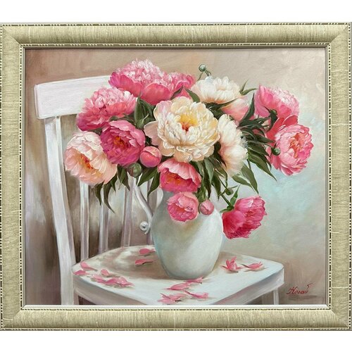 Картина маслом, цветы "Пионы на стуле" 2