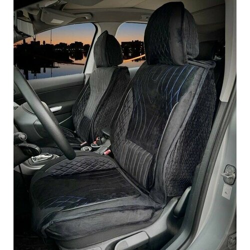 Комплект накидок на весь салон форма ромб микс PLUS, ткань велюр, закрытые бока ткань, цвет черный, строчка синяя