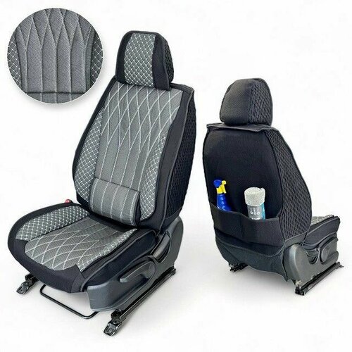 Комплект накидок на весь салон форма ромб микс PLUS, ткань ЛЕН, закрытые бока ткань, цвет черный, вставка т. серая, строч белая, кант черный