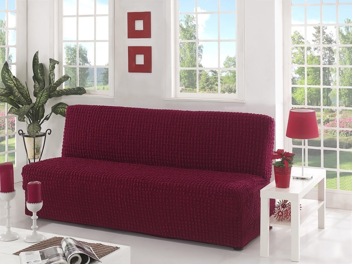 Чехол "KARNA" для дивана трехместного без подлокотников, без юбки цвет бордовый