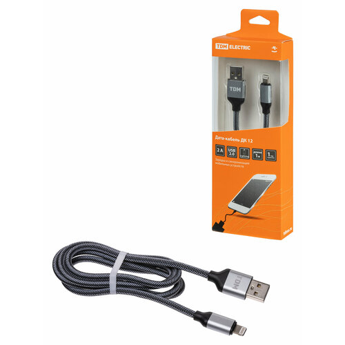 Дата-кабель, ДК 12, USB - Lightning, 1 м, тканевая оплетка, TDM серый