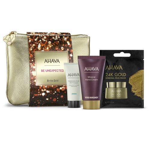 Ahava Holiday Collection Подарочный набор Strike gold: крем для лица 15 мл + крем для рук 40 мл + маска с золотом 6 мл очищающая маска для лица минеральная грязь мёртвого моря