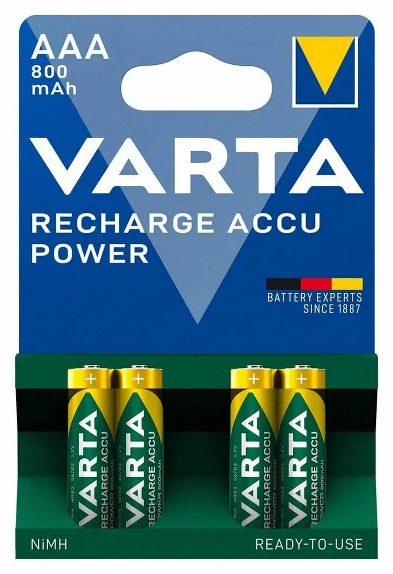 Аккумулятор Ni-Mh 800 мА·ч 1.2 В VARTA Recharge Accu Power 800 AAA, в упаковке: 4 шт.