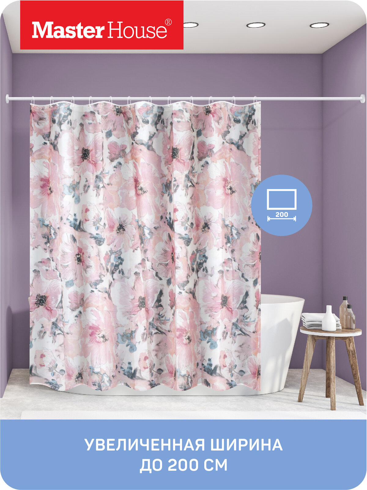 Штора для ванной тканевая Master House Розовые цветы 180х200 см