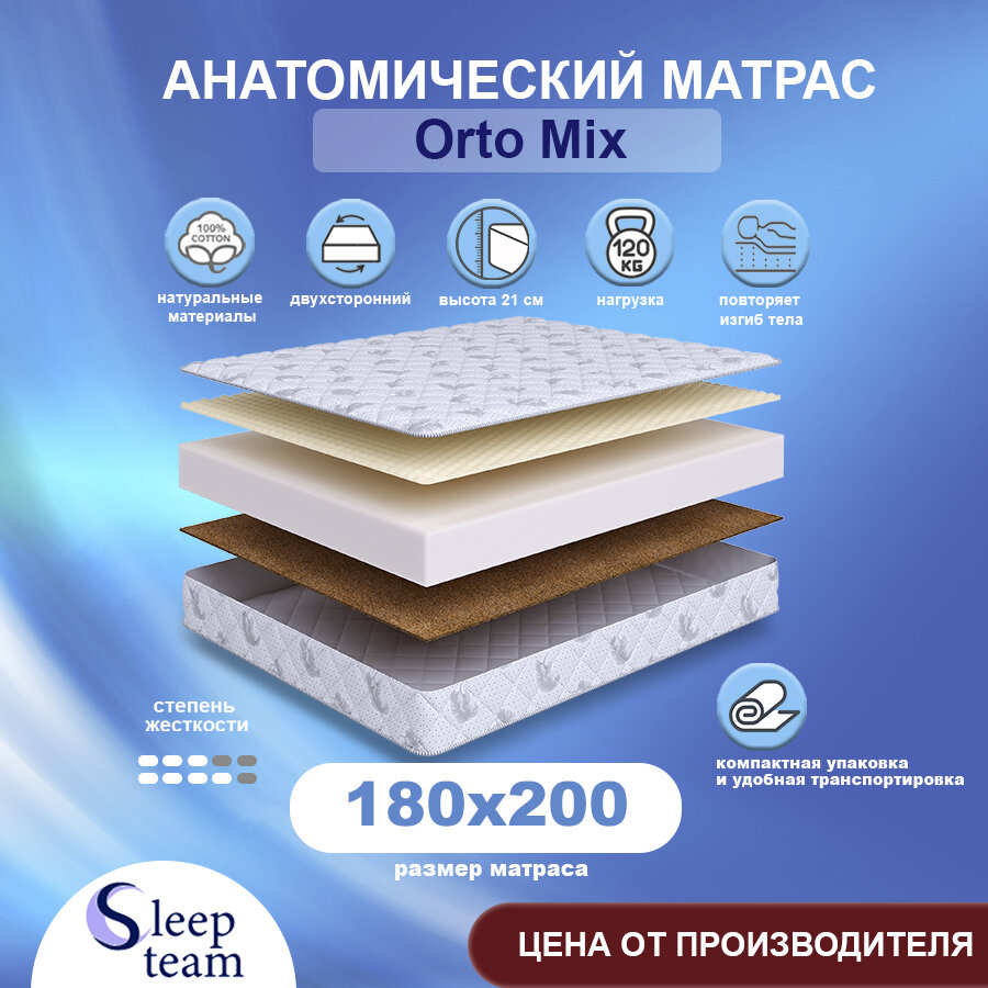 Матрас SleepTeam Orto Mix 180х200, для кровати, высота 21 см, беспружинный с массажным эффектом, двуспальный