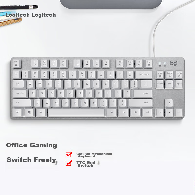 Механическая проводная клавиатура Logitech K835, белая, 84 клавиши, переключатель TTC, Red Switch