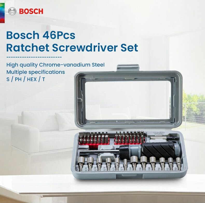 Набор отверток Bosch с трещоткой 46 шт хромованадиевая сталь серебристый