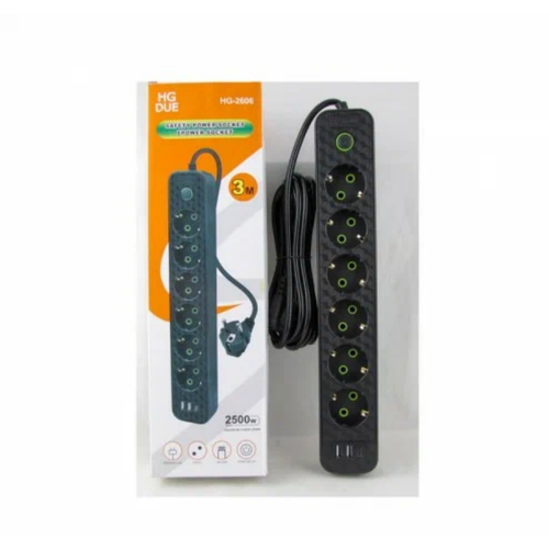 Сетевой фильтр удлинитель HG DUE HG-2606 с заземлением 2500Вт 2USB 6 розеток 1 Type C длина кабеля 3м черный 1300₽