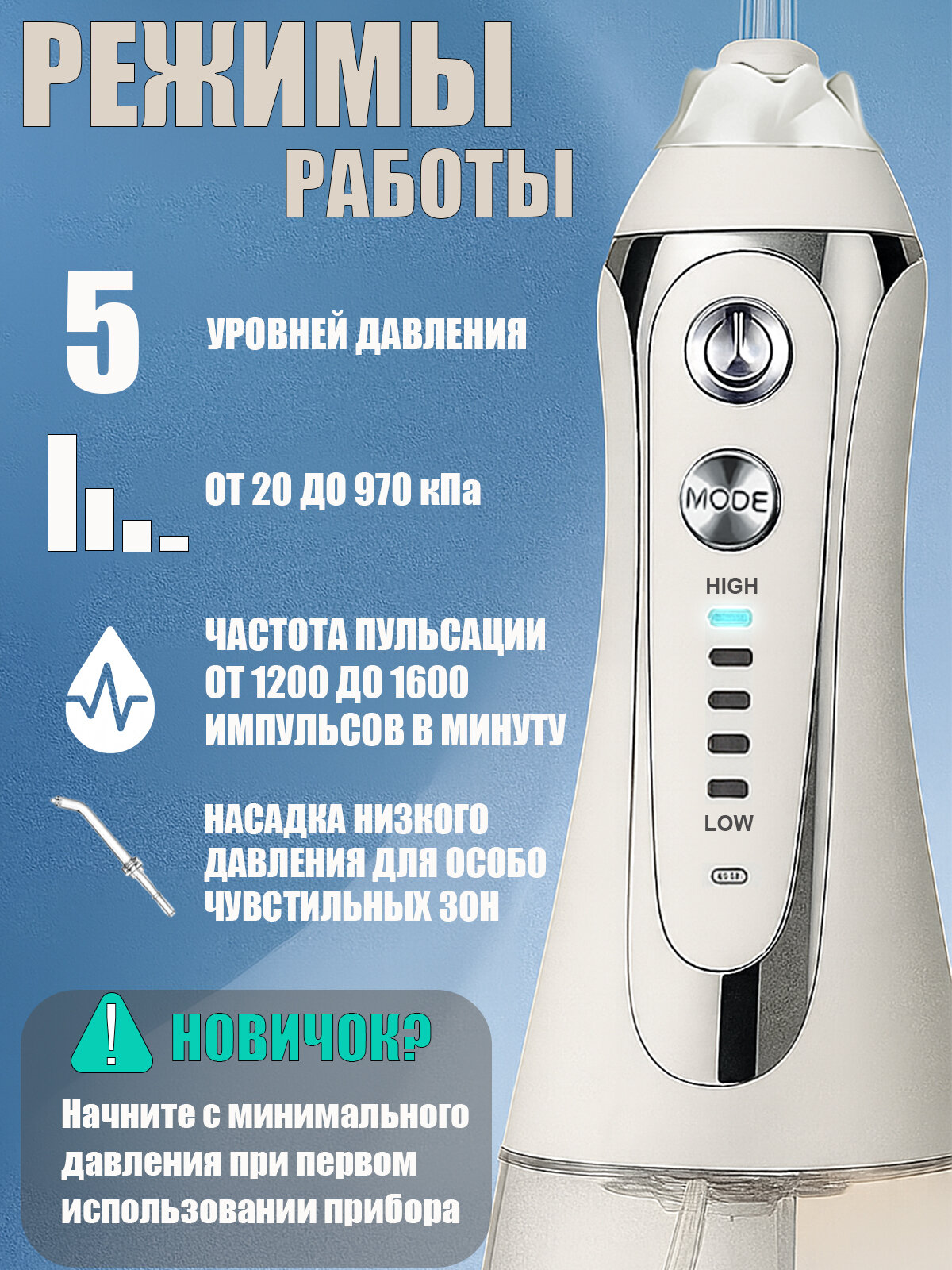 Изображение Ирригатор портативный GoFlow F100 Premium c широчайшим диапазоном 20-970кПа, 9-насадок (2 низкого давления),5-режимов,300мл, премиальная гарантия