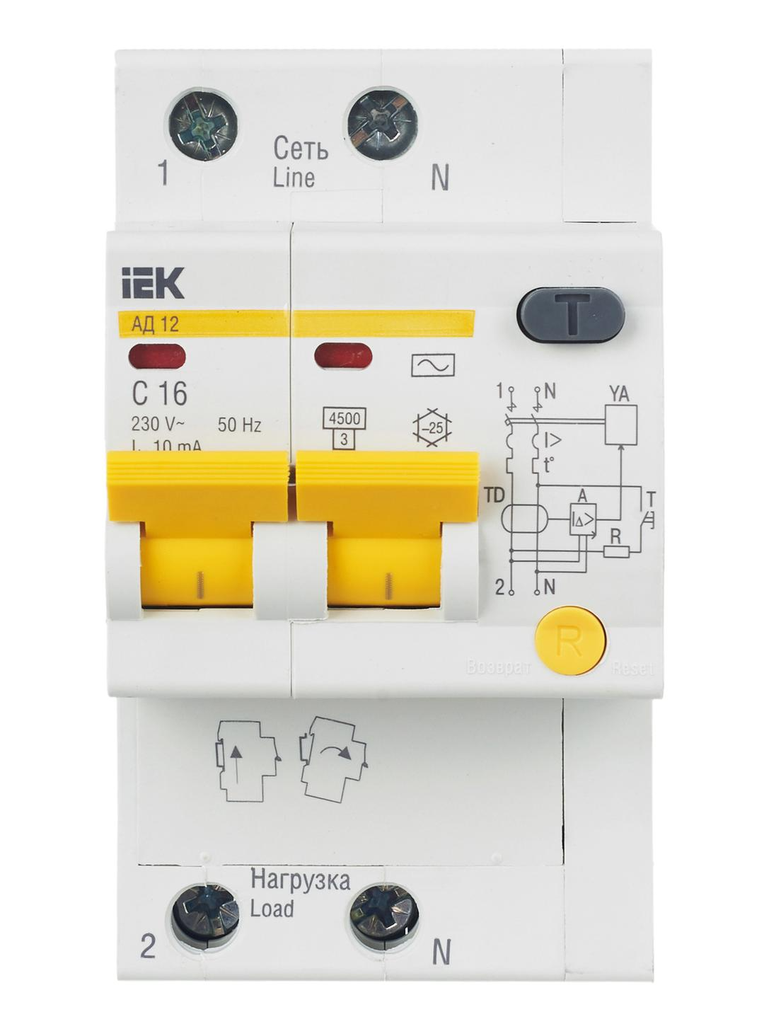 Выключатель автоматический дифференциального тока 2п C 16А 10мА тип AC 4.5кА АД-12 IEK MAD10-2-016-C-010