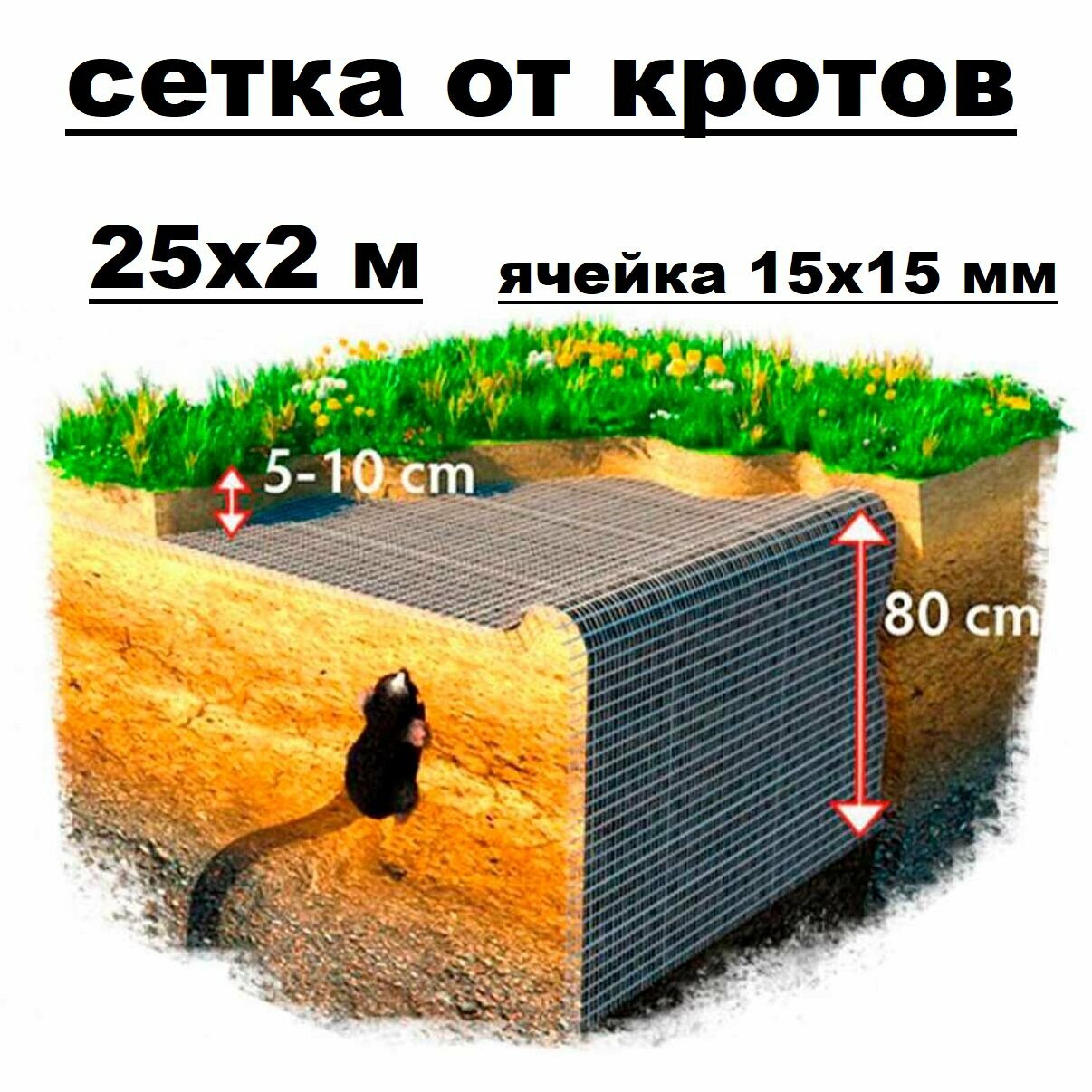 Сетка от грызунов, кротов, мышей, крыс 25х2 м ячейка 15х15 мм ГеоПластБорд цвет черный