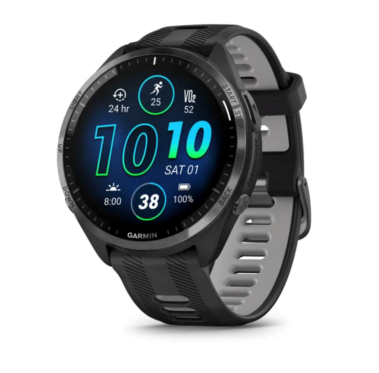 Forerunner 965 Carbon Gray DLC Titanium Bezel with Black Case and Black/Powder Gray Silicone Band