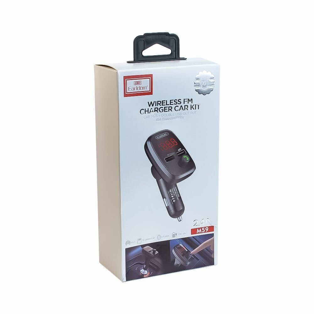Автомобильное зарядное устройство Earldom ET-M59 Wireless Car MP3 + Charger, FM Transmitter, USB, MicroUSB, 2.4А, черный