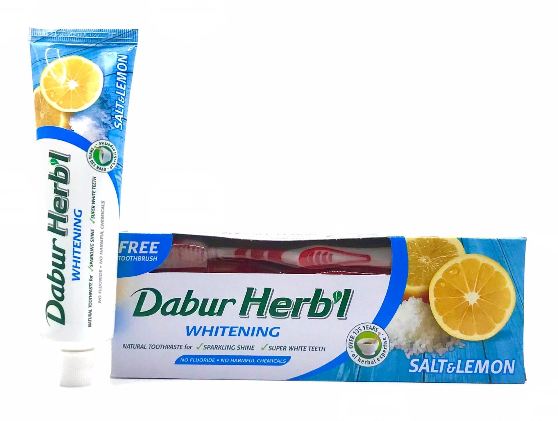 Зубная паста Dabur Herb'l отбеливающая / с лимоном и солью, 150 г (зубная щетка в подарок)