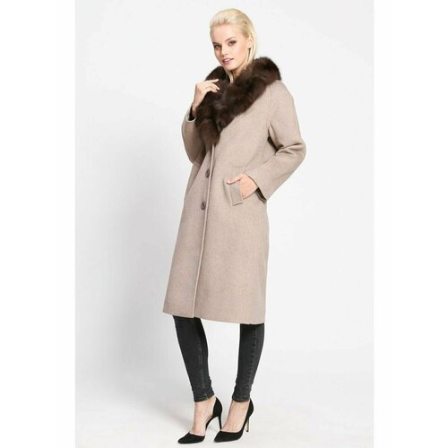 Пальто Prima Woman, размер 44, бежевый женское пальто с отложным воротником из натурального меха кролика рекс