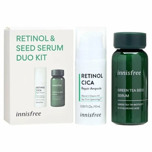 Набор миниатюр увлажняющих с ретинолом и зеленым чаем INNISFREE Green Tea Seed Serum & Retinol Cica Repair Ampoule Duo Kit 30ml+10ml
