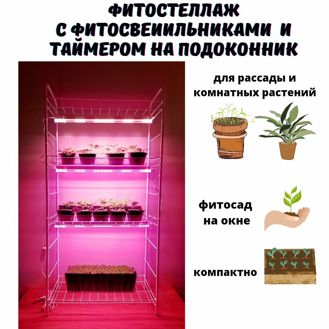 фото Стеллаж для рассады металлический с таймером с фитосветильниками красно- синего спектра