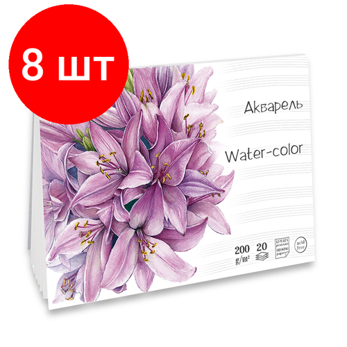 Комплект 8 шт, Скетчбук для акварели 20л, 100*150 Лилия Холдинг Лиловый джаз, 200г/м2 скетчбук для акварели 20л 135 135 лилия холдинг лиловый джаз 200г м2