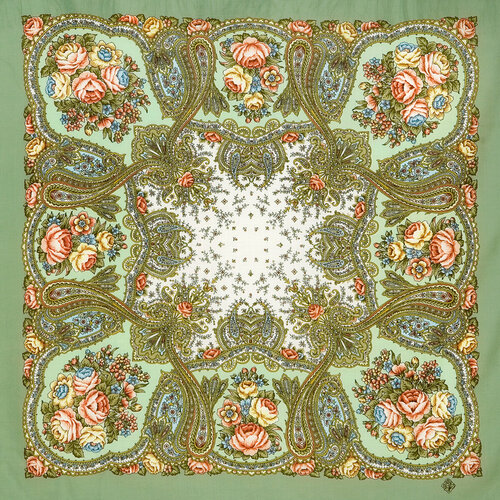 Платок Павловопосадская платочная мануфактура,89х89 см, зеленый, белый павловопосадский платок 11021 3