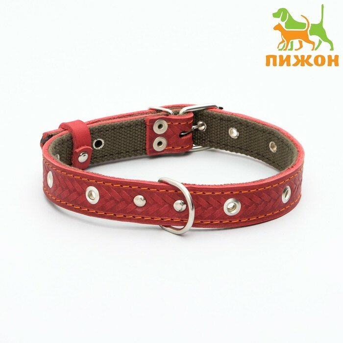 фото Ошейник комбинированный кожа/брезент, безразмерный, 56 х 2,5 см, красный