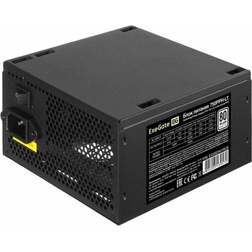 Блок питания 750W ExeGate 80 PLUS® 750PPH-LT-OEM (ATX, APFC, КПД 82% (80 PLUS), 12cm fan, 24pin, 2x(4+4)pin, 4xPCI-E, 8xSATA, 4xIDE, black, RTL) exegate блок питания ex292191rus серверный бп 900w serverpro 900ads atx apfc кпд 82% 80 plus 2x8cm fans 24pin 2x 4 4 pin 2xpcie 9xsata