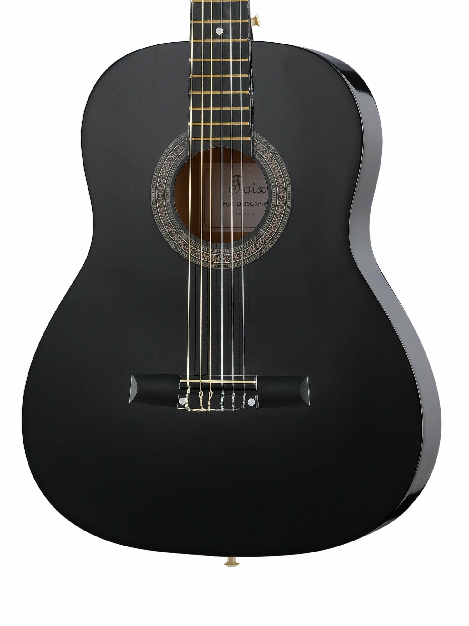 Классическая гитара 3/4 с чехлом, ремнем, тюнером, черная, Foix FCG-2036CAP-BK-3/4