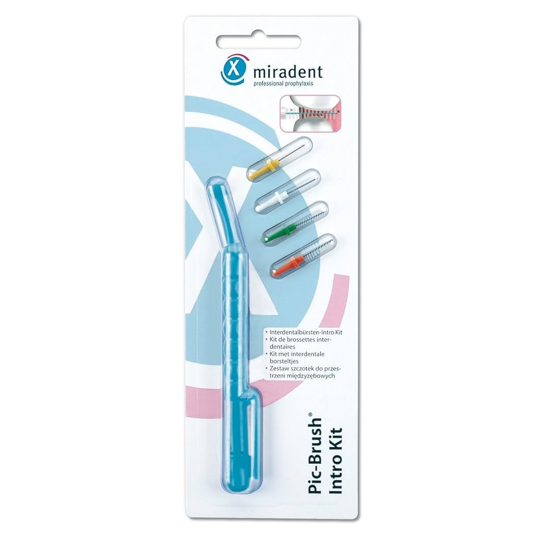 Набор Miradent Pic-Brush Intro Kit: 4 ершика разного размера + голубая ручка