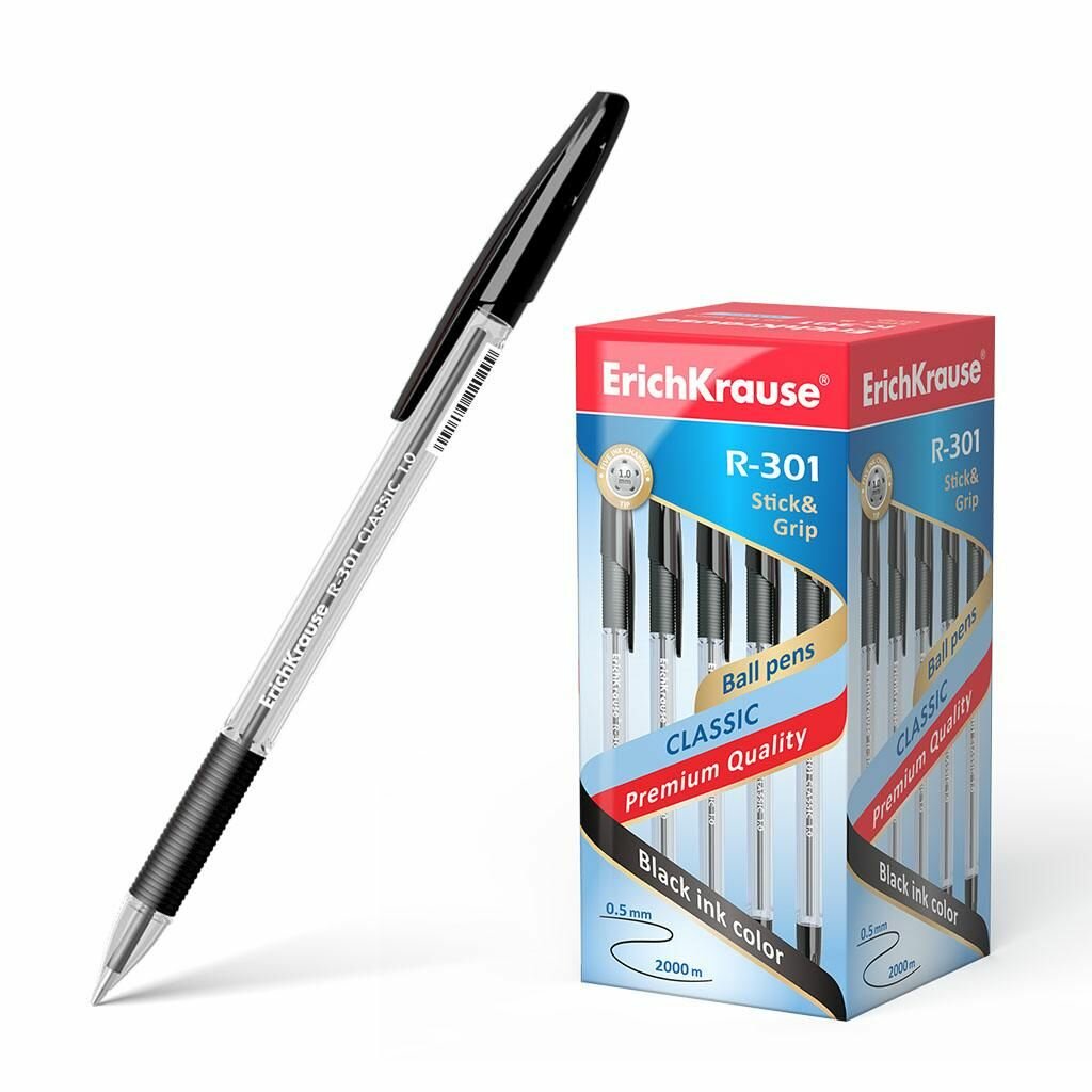 Ручка шариковая ErichKrause R-301 CLASSIC Stick&Grip 1, 0мм (резиновая вставка) (прозрачный корпус) черный, 10 штук