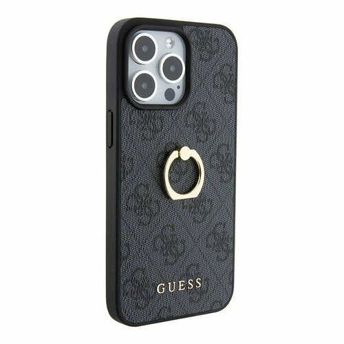 Guess для iPhone 15 Pro Max чехол из кожи PU с узором 4G + кольцо-держатель, серый isafe bling ring hard cover iphone 12 mini black