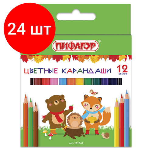 Комплект 24 шт, Карандаши цветные пифагор малыши-карандаши, 12 цветов, укороченные заточенные, 181344