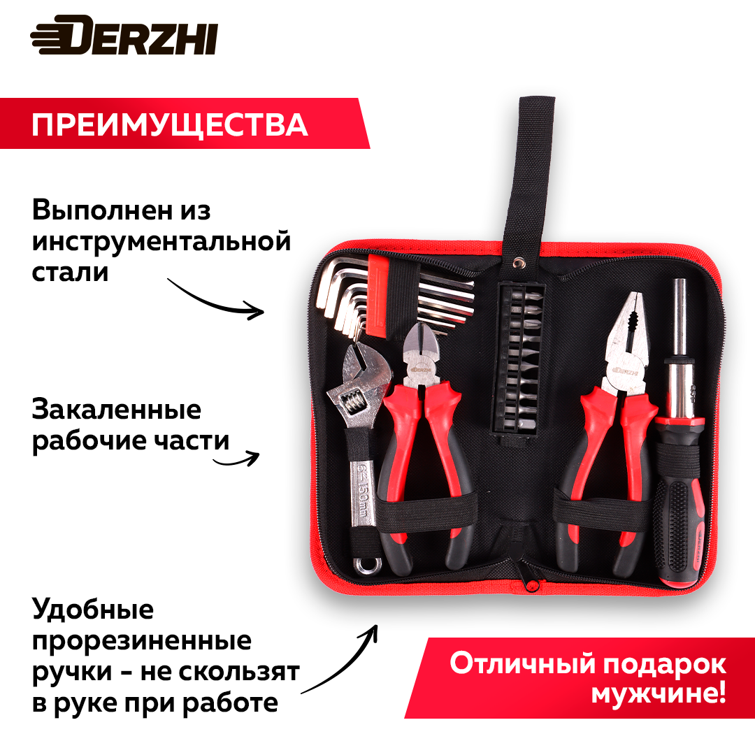 Слесарно-монтажный набор ручного инструмента для дома 22 предмета + чехол, DERZHI — фото 1