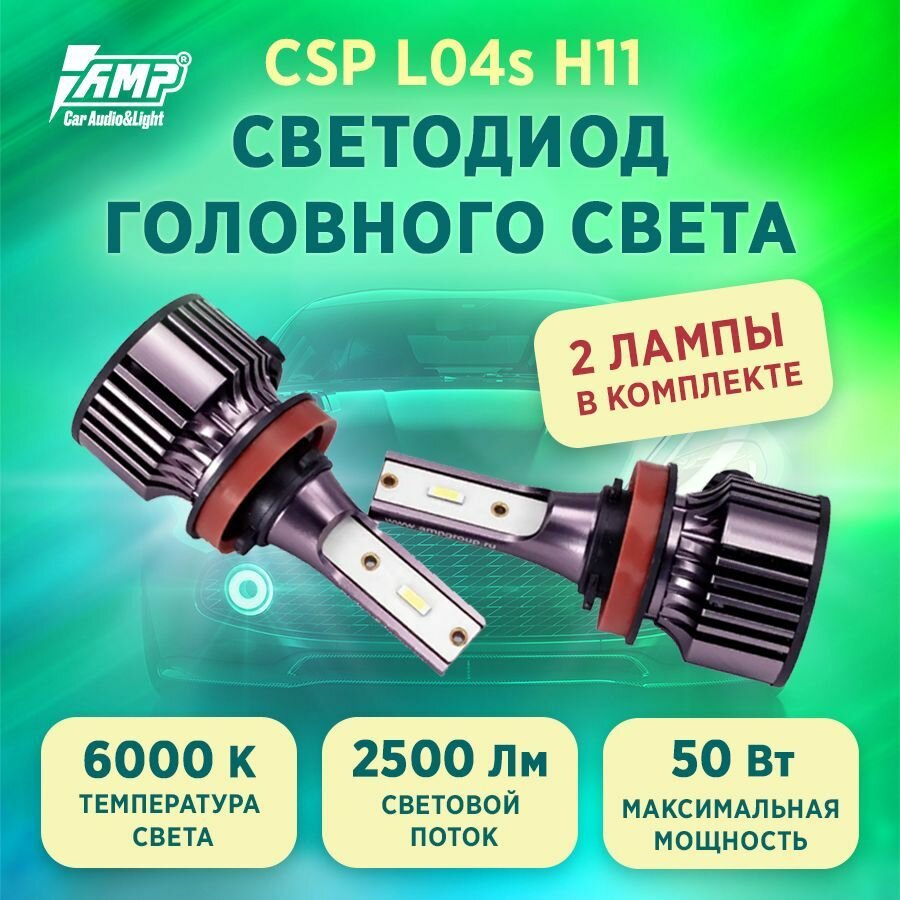 Светодиодная лампа для авто AMP CSP L04S H11 2 ШТ