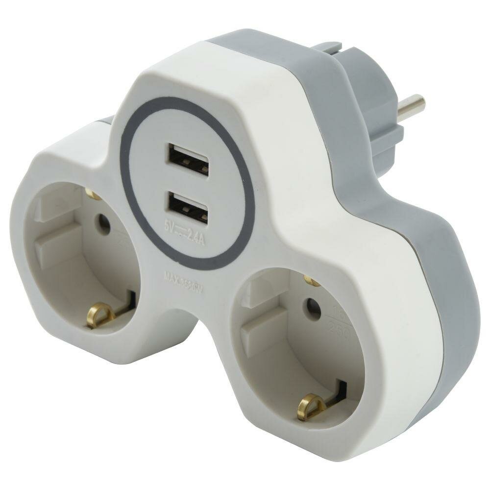 Тройник сетевой 2-местный с/з 250V, 16A и 2-мя USB выходами на 2,4А (белый) Stekker ADP16-14-20 32872 - фото №9