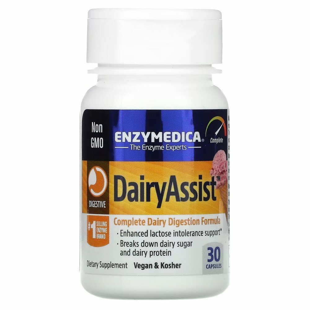 Enzymedica, Dairy Assist, Ферменты от газов и вздутия живота, Поддержка непереносимости лактозы,30 капсул — фото 1