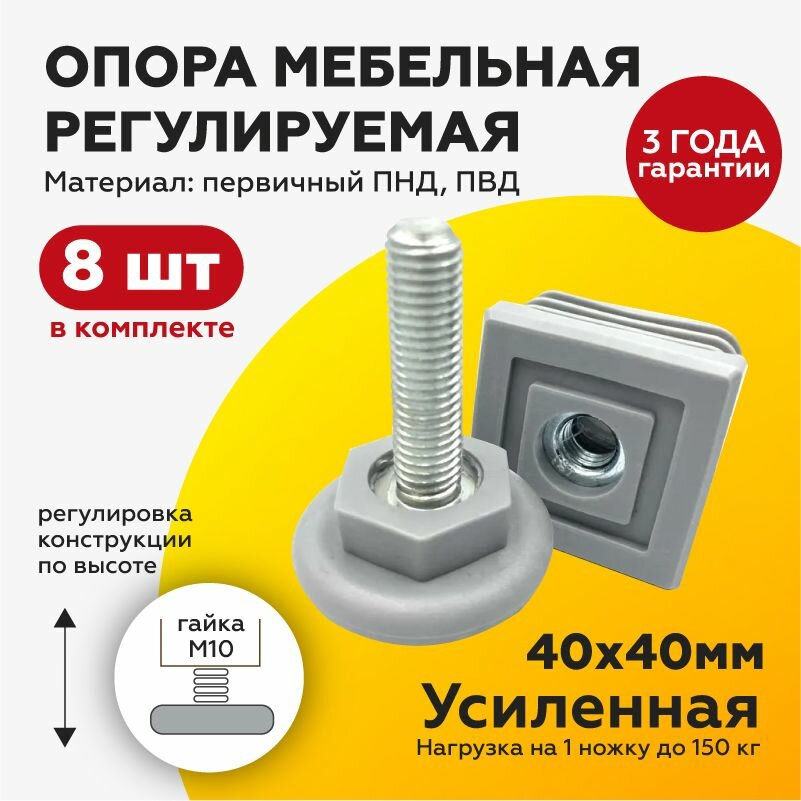 фото Регулируемая мебельная опора ножка для труб 40х40 мм, для стола, с резьбовой опорой М10х40 с основанием 40мм, серого цвета(8шт)