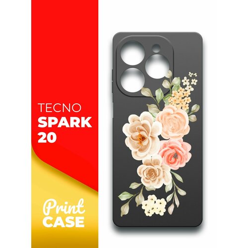 Чехол на Tecno Spark 20 (Техно Спарк 20) черный матовый силиконовый с защитой (бортиком) вокруг камер, Miuko (принт) Бледные цветы чехол на tecno spark 20 техно спарк 20 черный матовый силиконовый с защитой бортиком вокруг камер miuko принт мишка скейт