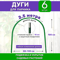 Садовые дуги для парника, грядок и растений (6 штук), длина 2.5 м, диаметр 10 мм, металлические в ПВХ