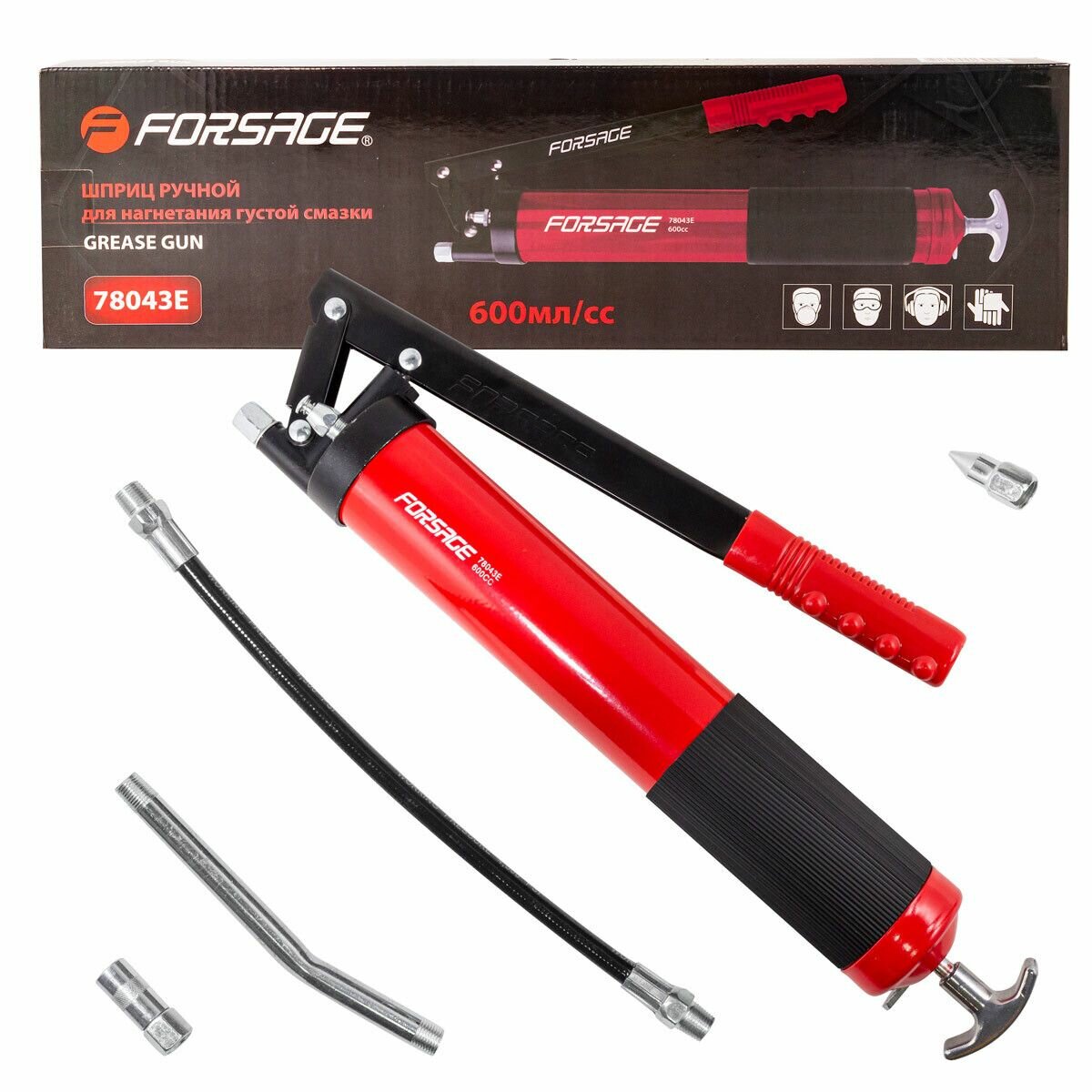 фото Шприц для нагнетания густой смазки ручной 600мл в комплекте с жестким(L-170мм) и гибким(L-330мм) наконечником (1шток,'под закладку') Forsage F-78043E