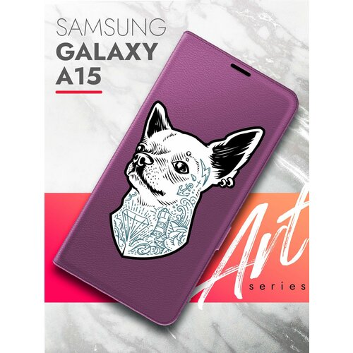 Чехол на Samsung Galaxy A15 (Самсунг Галакси А15) фиолетовый книжка экокожа подставка отделение для карт магнит Book case, Brozo (принт) Собака с тату чехол на samsung galaxy a15 самсунг галакси а15 черный книжка экокожа подставка отделение для карт магнит book case brozo принт синий колокольчик