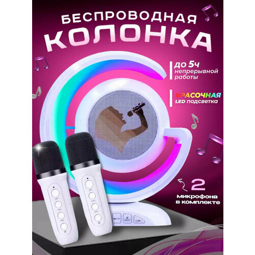 Беспроводная колонка караоке с двумя микрофонами с поддержкой USB MicroSD / RGB подсветка / Белый цвет от Shark-Shop