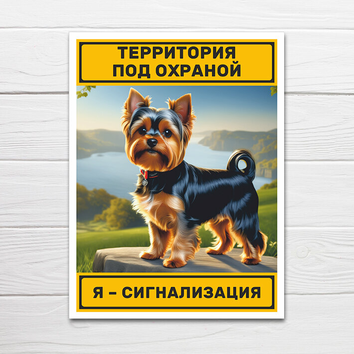Табличка "Территория под охраной, Я - сигнализация", Йоркширский терьер, 27х20 см, ПВХ