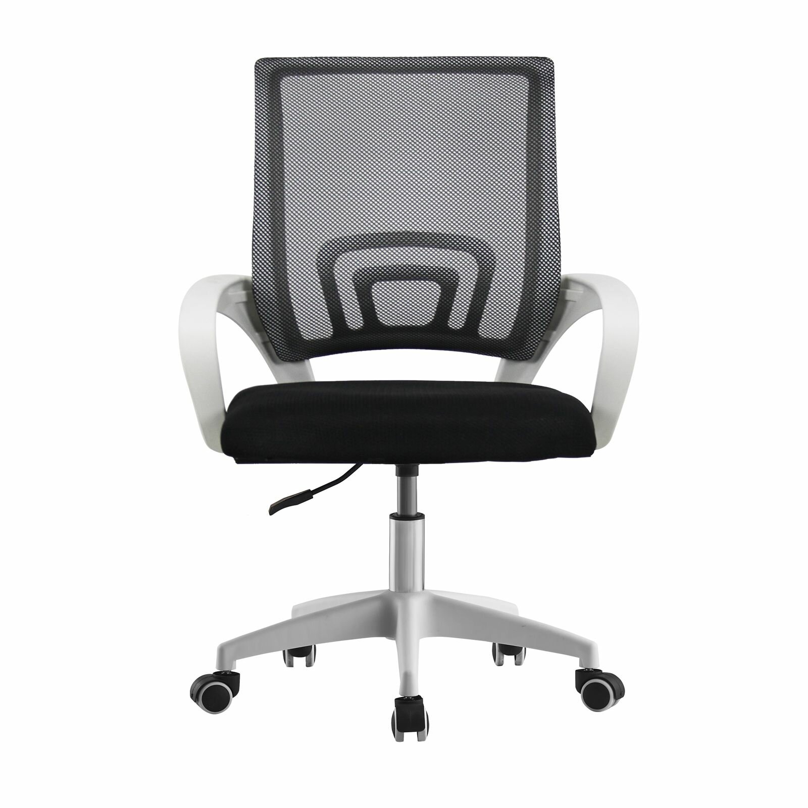 Офисное кресло мягкое со спинкой на колесиках СтулБержи, сетка, ткань, спинка и сиденье - черный, ручки и ножки - белый
