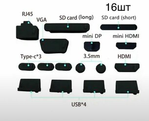 Набор силиконовых заглушек для ноутбука типа С. 16 штук черные