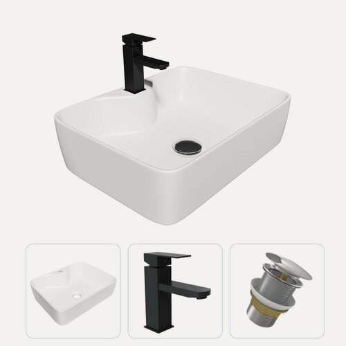 Изображение товара Раковина накладная для ванной Teymi Helmi S 48 в комплекте смеситель черный матовый и донный клапан клик-клак без перелива хром F07705