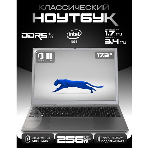 Классический ноутбук 17", Intel N95, 16Gb DDR5, 256 Gb SSD