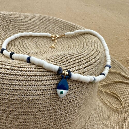 Колье Редкая птица, каучук, лазурит, эмаль, длина 40 см, синий, белый