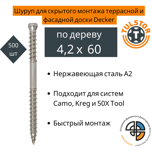 Саморез для скрытого монтажа террасной и фасадной доски 42 x 60 мм Decker сталь A2 500 штук 6795₽