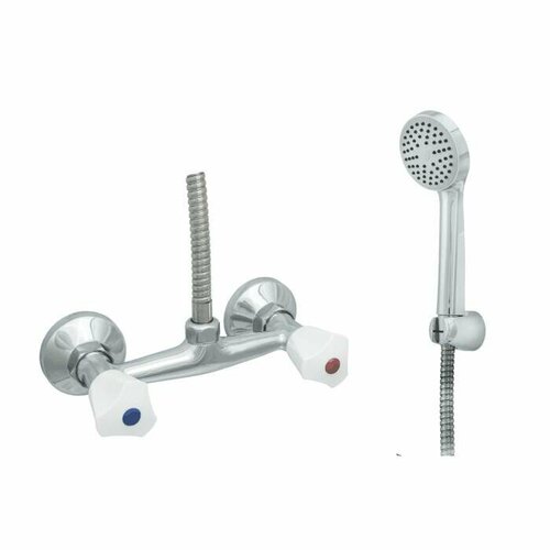 Смеситель для душа двуручный душевой шланг н/ж сталь, хромированная пластиковая лейка и кронштейн Стандарт ЦС-СМ 293/3-4 Пл. Бел маховик Центр Сантехники (Подольск) СМ508415